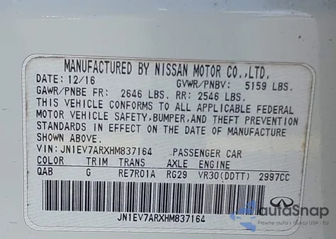 2017 Infiniti Q50 3.0T Signature Edition from USA, damaged, VIN JN1EV7ARXHM837164
